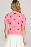 Puff Sleeve Heart Pattern Cropped Sweater