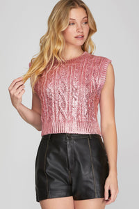 Metallic Foil Mock Neck Cropped Sweater Top