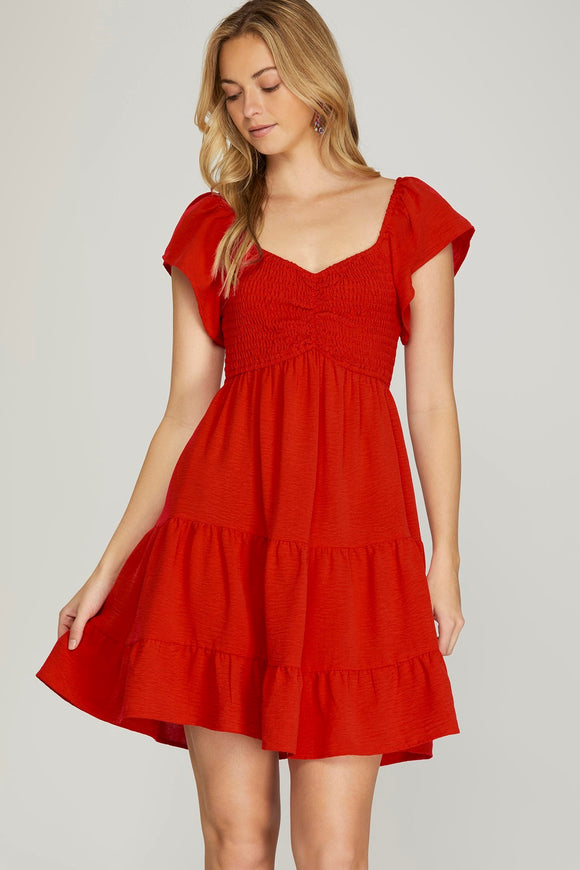 Flutter Sleeve Sweetheart Neckline Smocked Dress