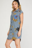 Flower Print Denim Dress with Pockets