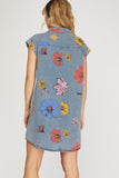 Flower Print Denim Dress with Pockets