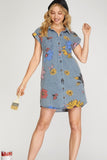 Flower Print Denim Dress with Pockets