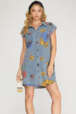 Flower Print Denim Dress with Pockets