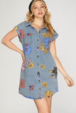 Flower Print Denim Dress with Pockets