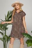 Cap Sleeve Leopard Twill Washed Pocketed Shirt Dress