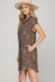 Cap Sleeve Leopard Twill Washed Pocketed Shirt Dress