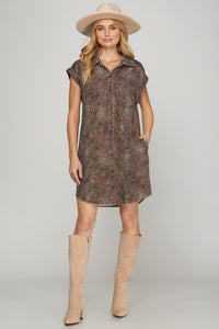 Cap Sleeve Leopard Twill Washed Pocketed Shirt Dress