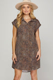 Cap Sleeve Leopard Twill Washed Pocketed Shirt Dress