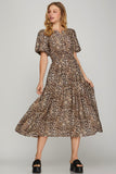 Leopard Puff Sleeve Tiered Midi Dress - Brown