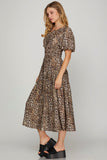 Leopard Puff Sleeve Tiered Midi Dress - Brown