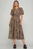 Leopard Puff Sleeve Tiered Midi Dress - Brown