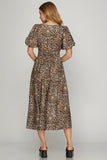 Leopard Puff Sleeve Tiered Midi Dress - Brown