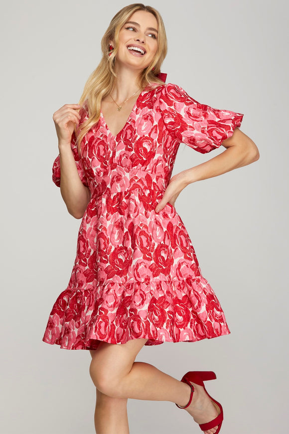 Puff Sleeve Jacquard Elastic Waist Floral Dress with Pockets - Red/Pink