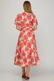 Elastic Waist Floral Midi Dress - Red/Purple