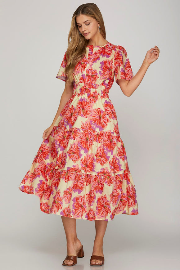 Elastic Waist Floral Midi Dress - Red/Purple