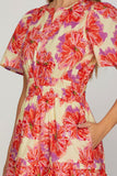 Elastic Waist Floral Midi Dress - Red/Purple