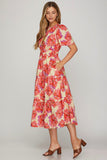 Elastic Waist Floral Midi Dress - Red/Purple
