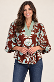 Floral Print Contrast Split-Neck Balloon Sleeve Blouse