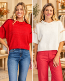 Contrast Blanket Stitch Short Sleeve Sweater
