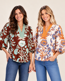 Floral Print Contrast Split-Neck Balloon Sleeve Blouse