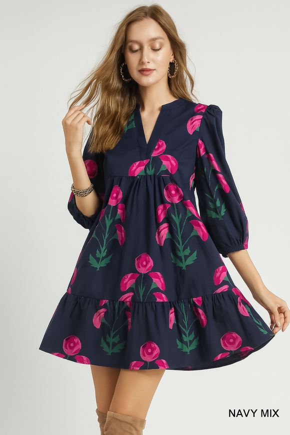 Corinne Bright Blossom Ruffle Midi Dress - Navy