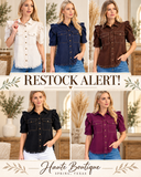 Calla Gathered Sleeve Soft Denim Button Up Top