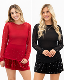 Pearl Embellished Sheer Mesh Long Sleeve Top