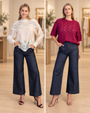 High Rise Contrast Stitch Cropped Wide Leg Jeans