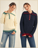 Striped Trim Cable Knit Button Collar Sweater