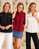 Scalloped Lace Puff Sleeve Button-Up Blouse