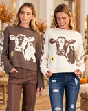 Cow & Sunflower Roll-Neck Knit Sweater