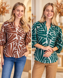 Abstract Leaf Print Ruffle-Cuff Button-Front Blouse- Green