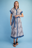 Damask Print Contrast Trim Belted Button-Front Midi Dress