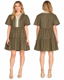 Carnation Print Tiered Mini Dress w Contrast Neckline - Olive Brown