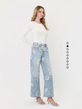 Cheryl Floral Wide Leg Jeans- Light Wash