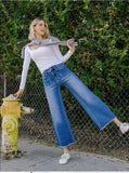 Patched Pocket Wide Leg Raw Hem Denim