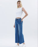 Patched Pocket Wide Leg Raw Hem Denim