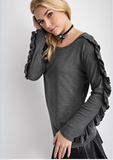 Sloane Soft Ruffle Sleeve Tee Top- Gray