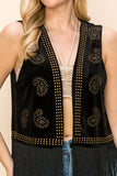Velvet Fringe Vest With Paisley Studs - Black