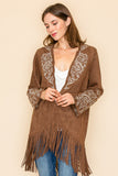 Embroidered Lapel and Sleeve Suede Cardigan - Brown