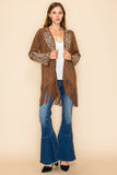 Embroidered Lapel and Sleeve Suede Cardigan - Brown