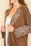 Embroidered Lapel and Sleeve Suede Cardigan - Brown