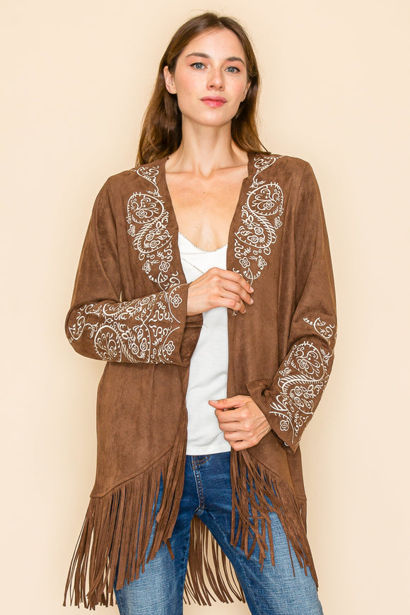 Embroidered Lapel and Sleeve Suede Cardigan - Brown