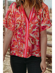Barcelona Abstract Floral Split NeckTop - Fuchsia/Orange