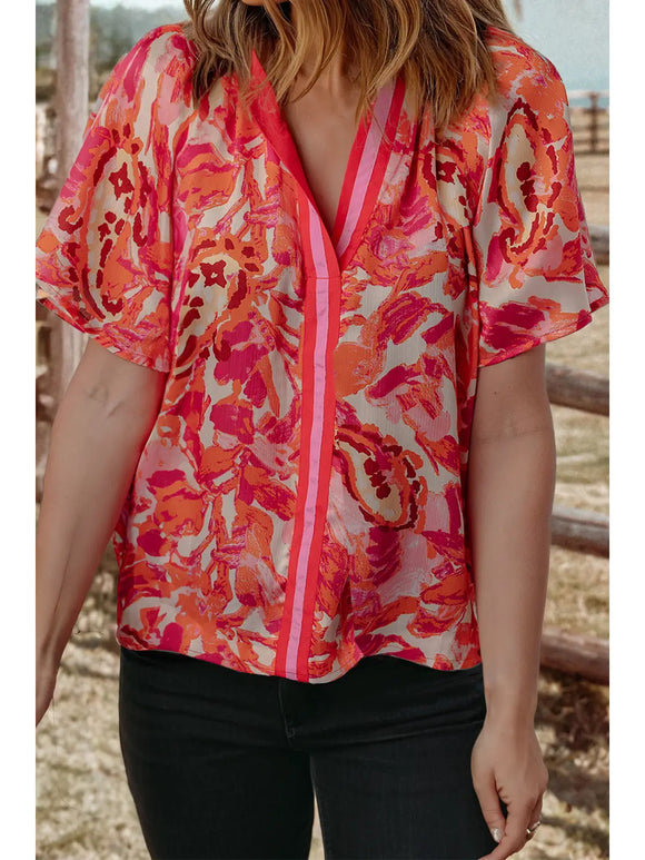 Barcelona Abstract Floral Split NeckTop - Fuchsia/Orange