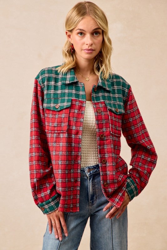 Holly Tartan Flannel Charm Shacket - Red/Green