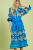 Mosaic Border Puff Sleeve Midi Dress
