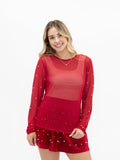 Pearl Embellished Sheer Mesh Long Sleeve Top