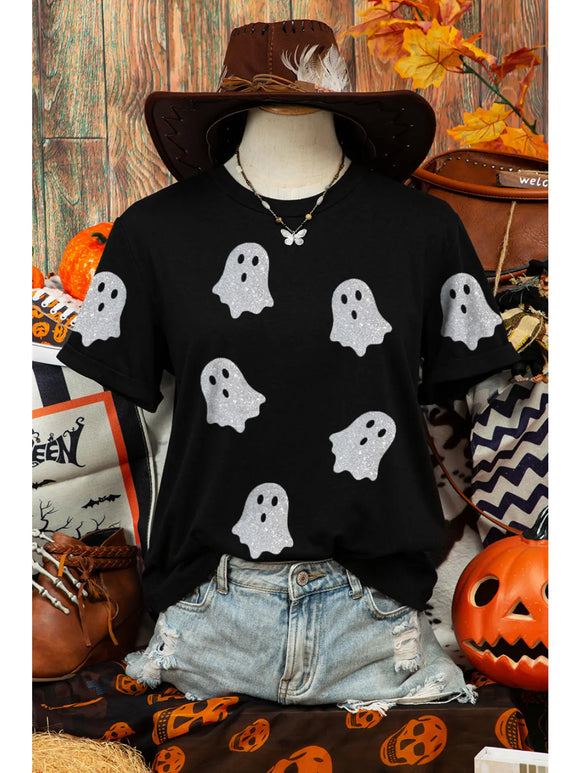 Silver Flying Glitter Ghost Graphic Tee - Black
