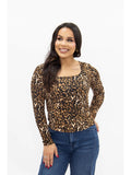 Leopard Print Square Neck Long Sleeve Top- Leopard